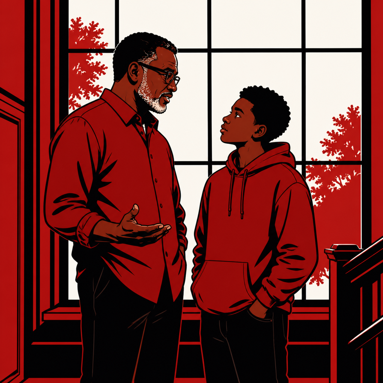 Flat editorial illustration of an older Black man speaking to a teenage boy near a large divided window, rendered in deep crimson red, white, and black in a bold graphic style.